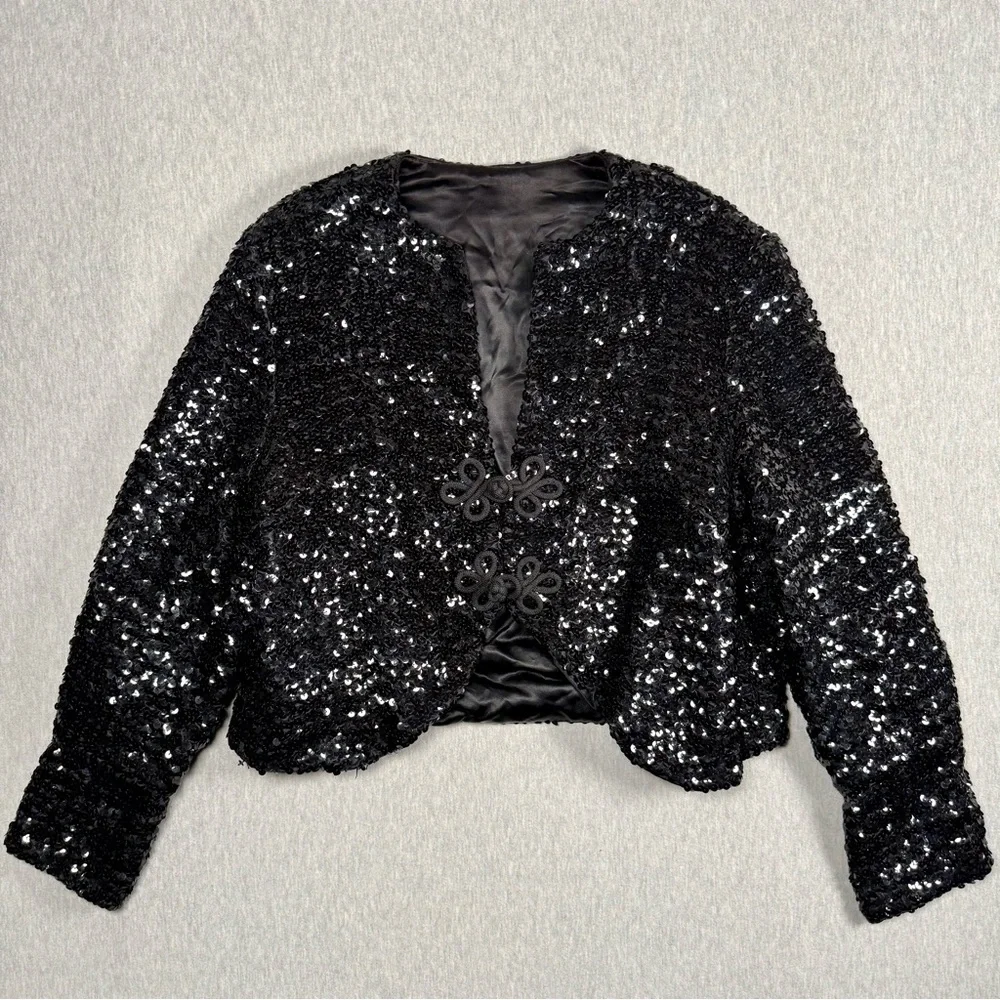 Vintage Union Made ILGWU Black Sequin Cropped Bolero Jacket w/ Frog Closure - Picture 7 of 16